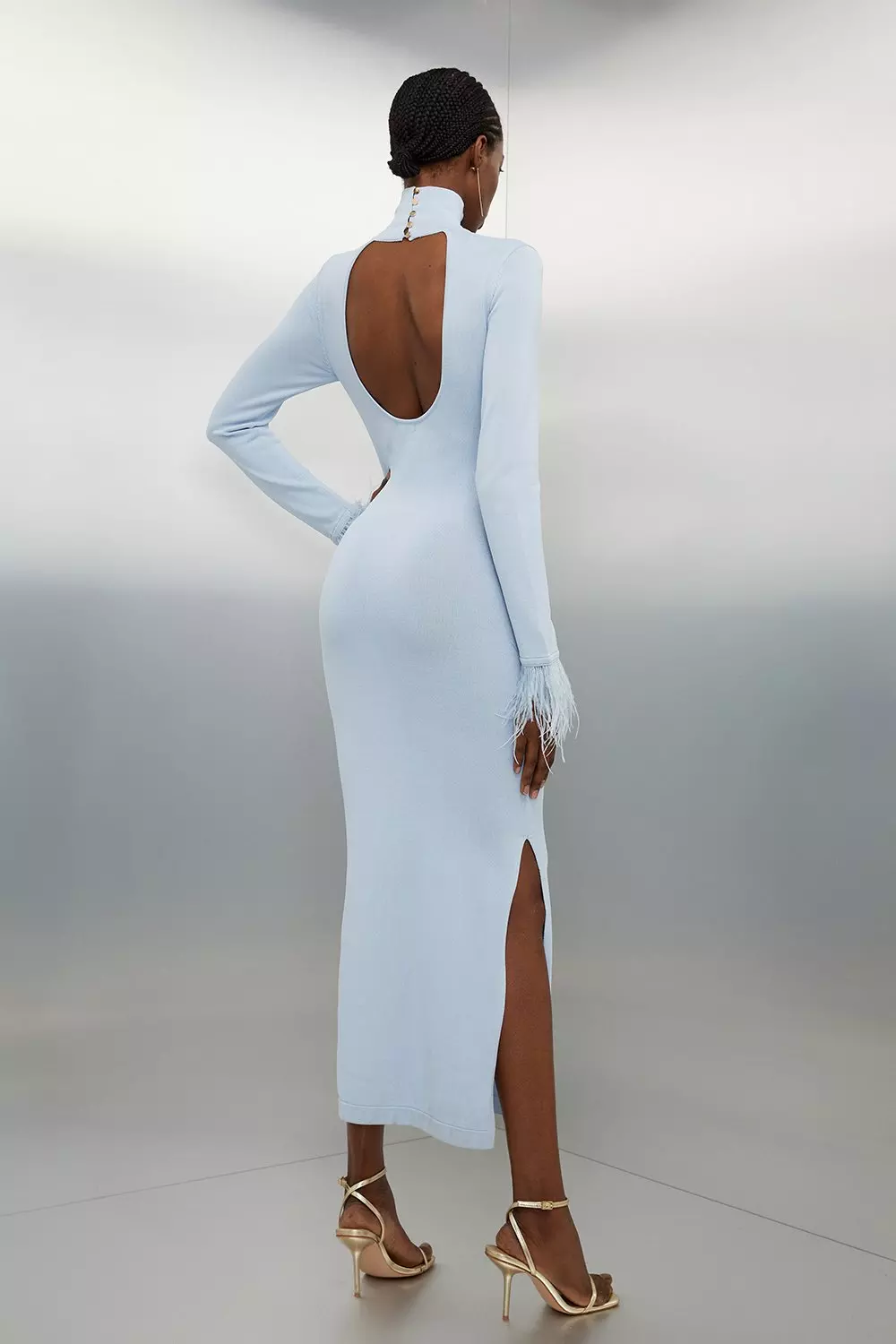 Viscose Blend Feather Cuff Knit Maxi Dress | Karen Millen